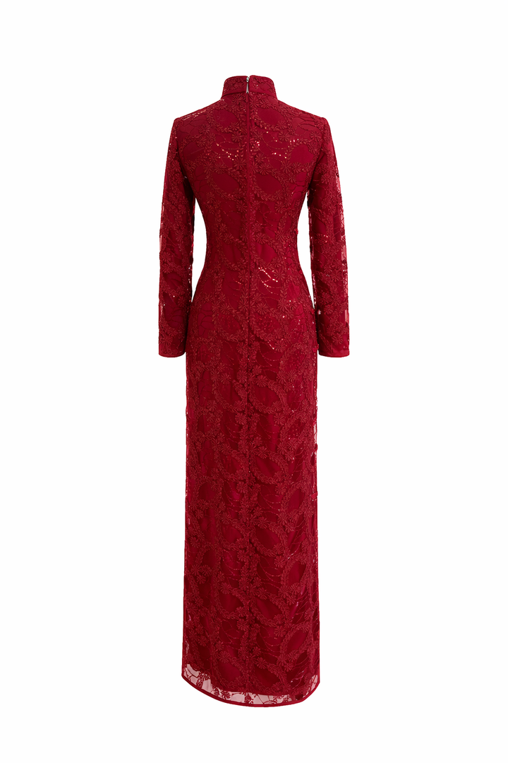 long sleeve lace sheath maxi dress with embellished high collar – IMPERIAL