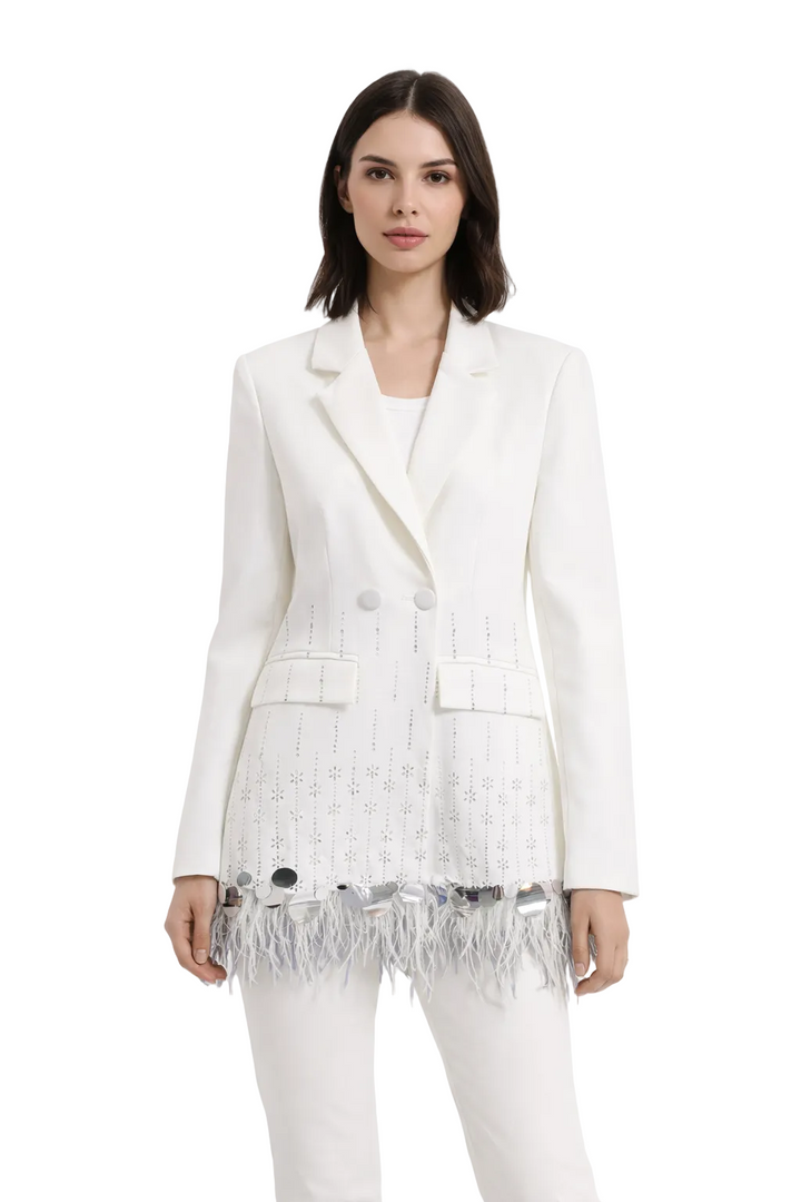 long sleeve tailored blazer with feather hem and crystal detailing – GLOW