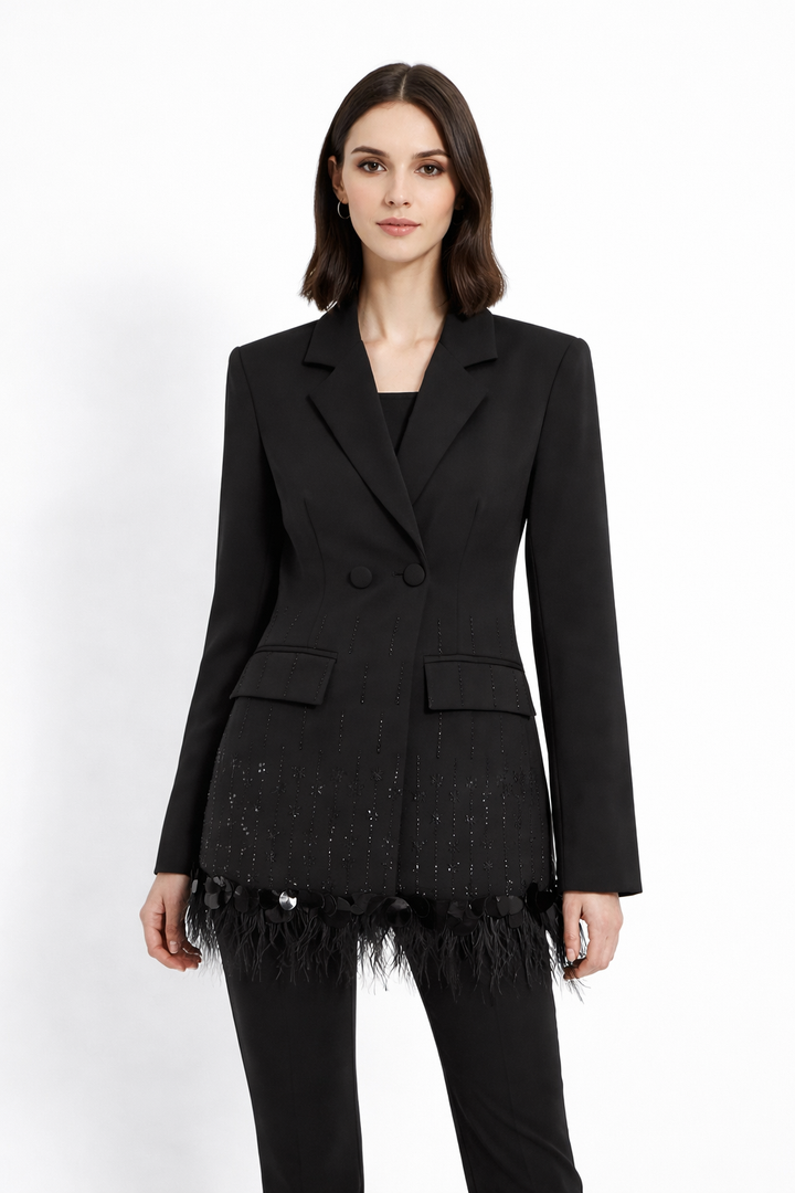 long sleeve tailored blazer with feather hem and crystal detailing – GLOW