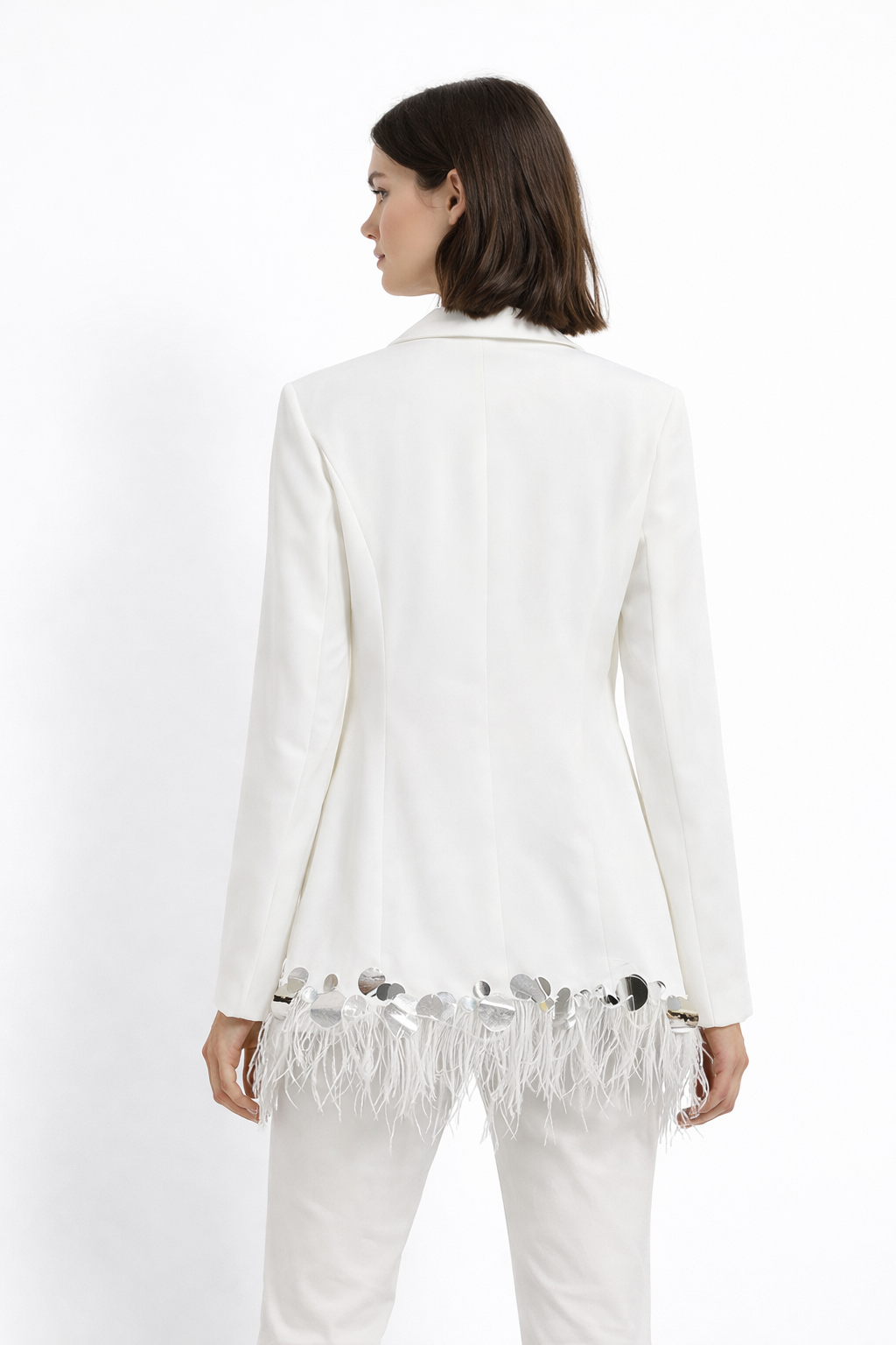 long sleeve tailored blazer with feather hem and crystal detailing – GLOW