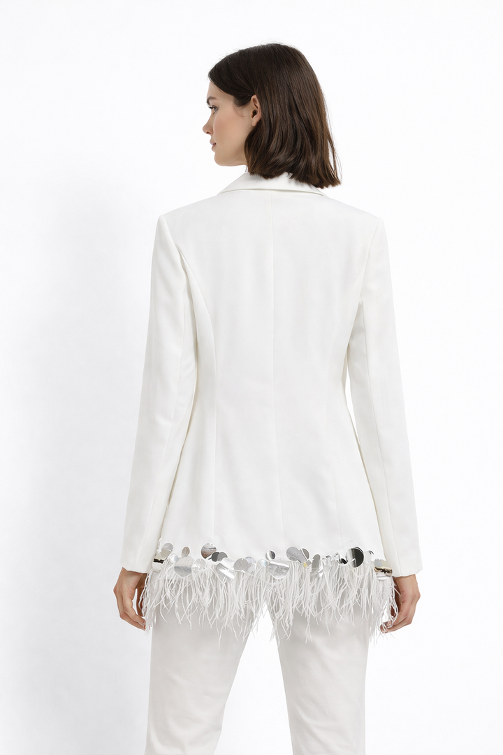 long sleeve tailored blazer with feather hem and crystal detailing – GLOW