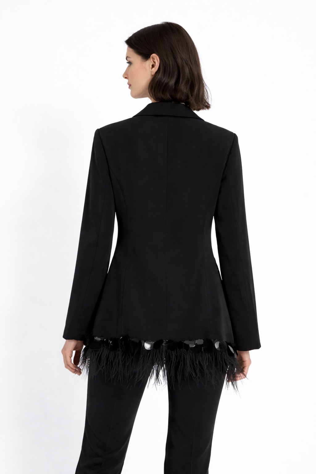 long sleeve tailored blazer with feather hem and crystal detailing – GLOW