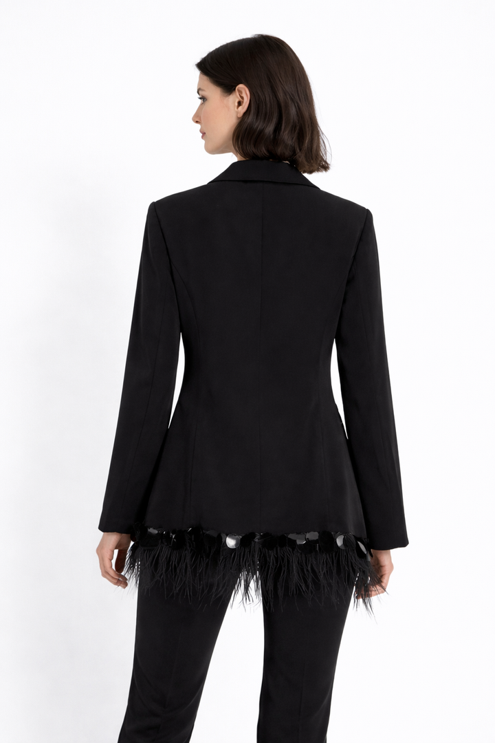 long sleeve tailored blazer with feather hem and crystal detailing – GLOW