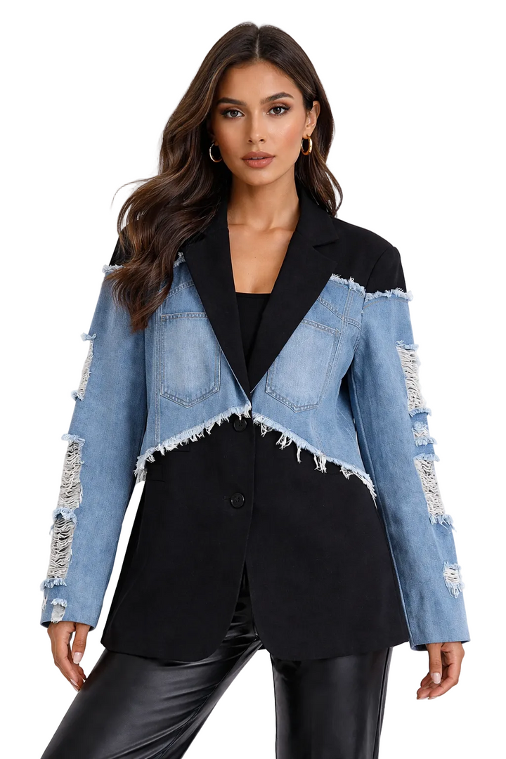 denim panel oversized blazer with distressed detailing – URBAN