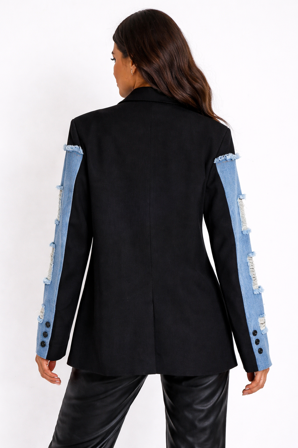 denim panel oversized blazer with distressed detailing – URBAN