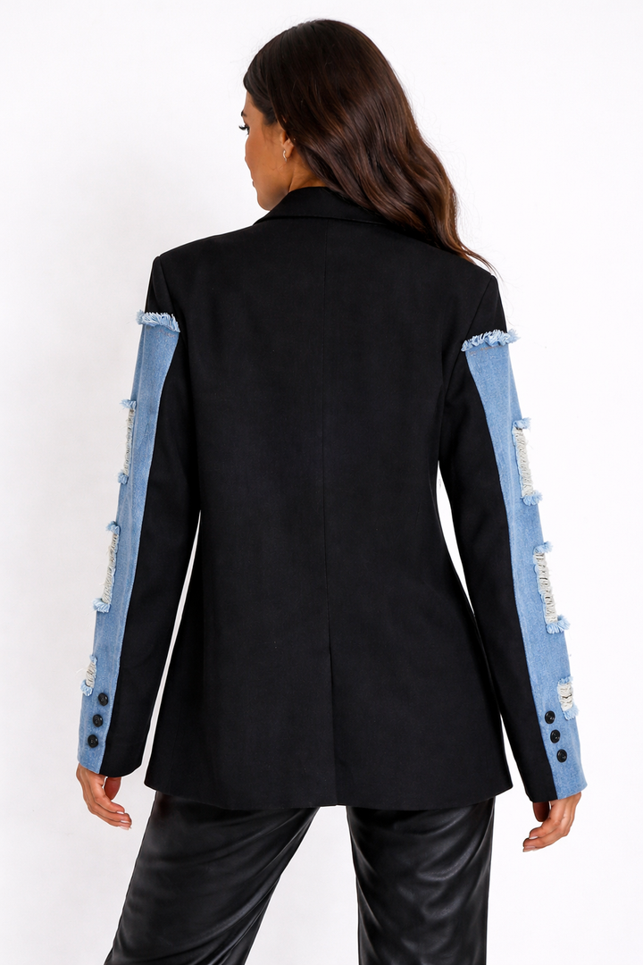 denim panel oversized blazer with distressed detailing – URBAN