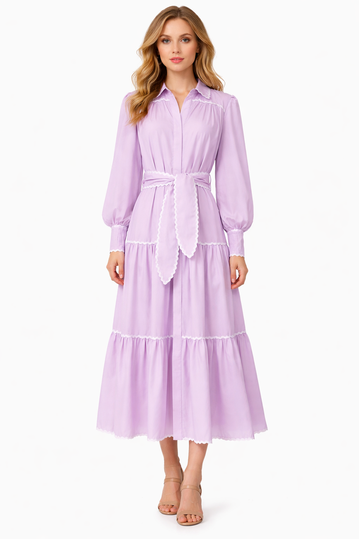 long sleeve button-down midi dress with contrast trim and waist tie – ELLORA