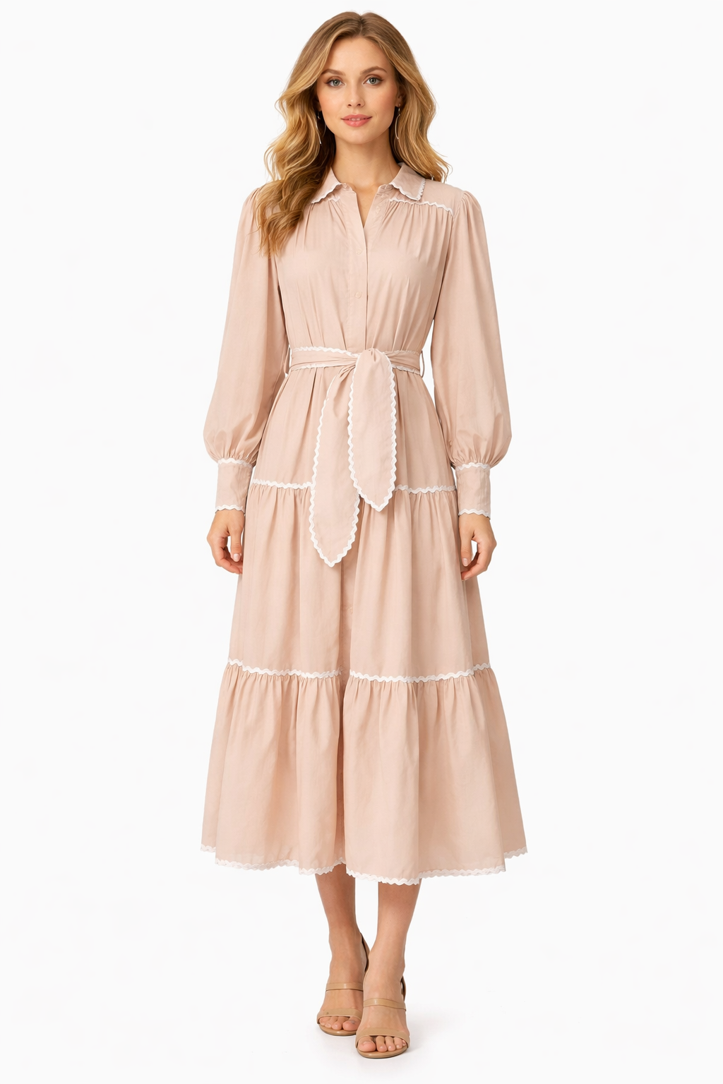 long sleeve button-down midi dress with contrast trim and waist tie – ELLORA