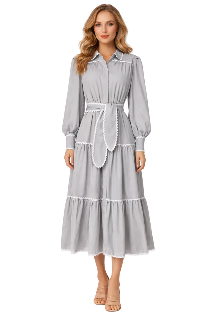 long sleeve button-down midi dress with contrast trim and waist tie – ELLORA