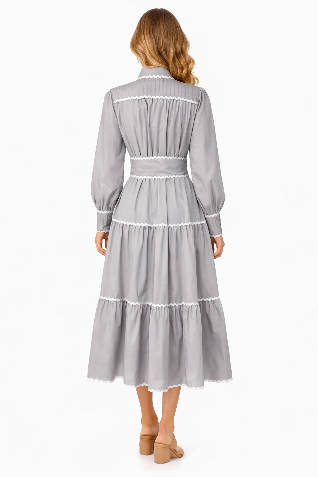 long sleeve button-down midi dress with contrast trim and waist tie – ELLORA