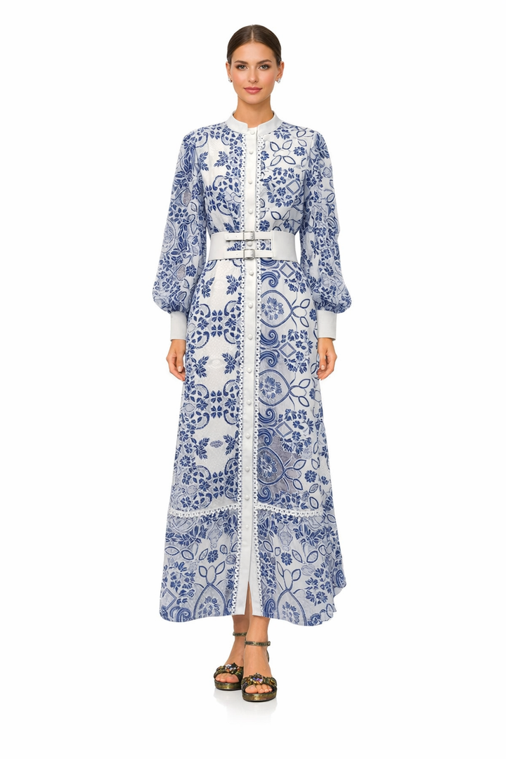 long sleeve printed midi shirt dress with double buckle belt – AZURE