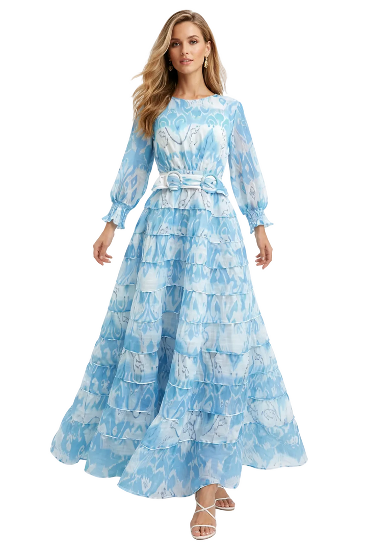 long sleeve tiered maxi dress with statement waist belt – AURORA