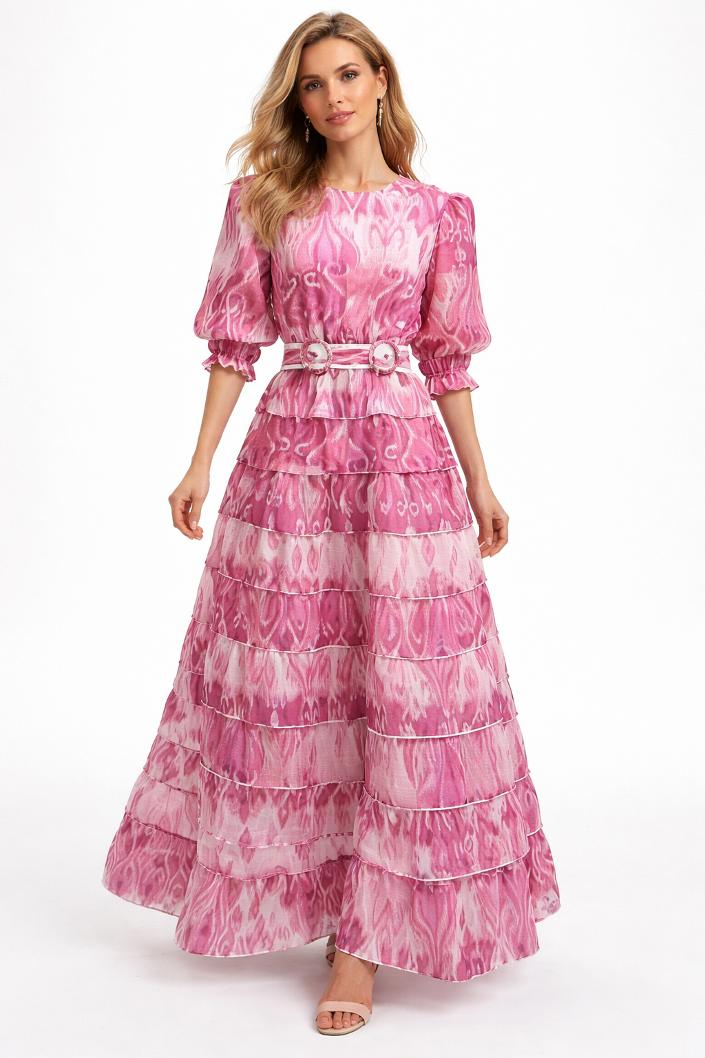 long sleeve tiered maxi dress with statement waist belt – AURORA