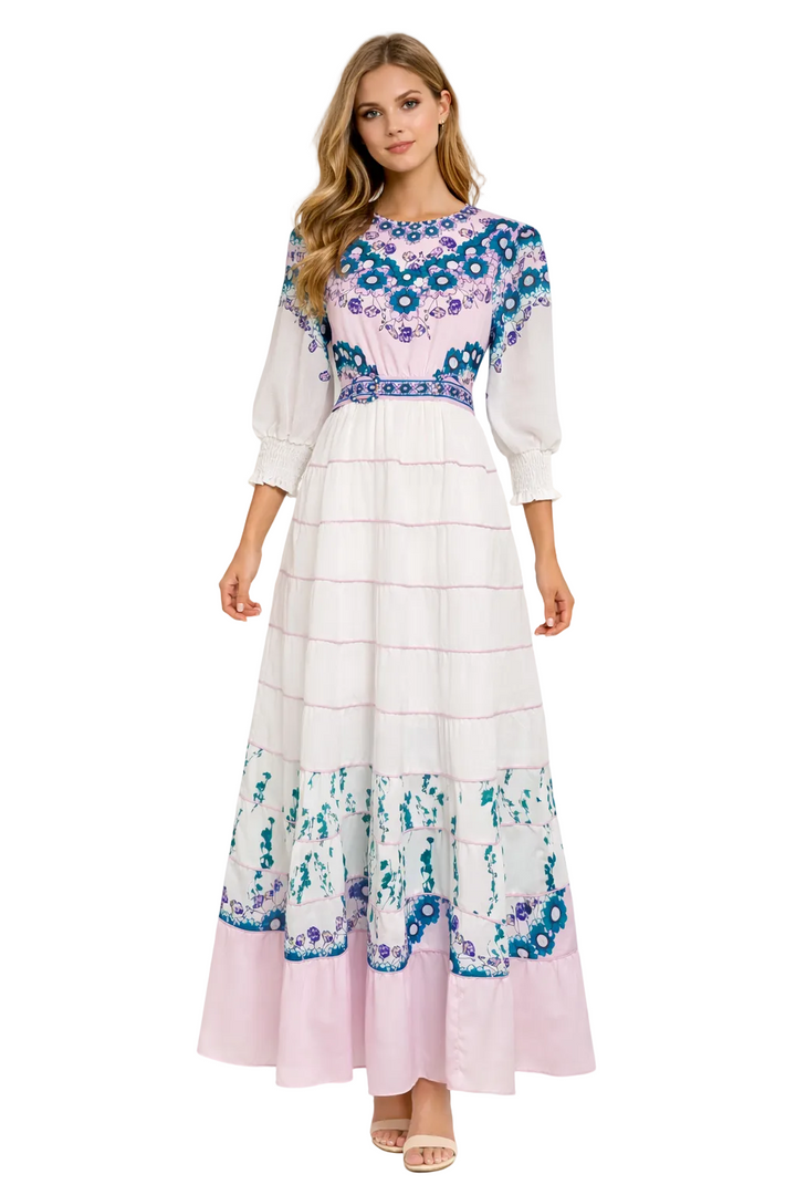 floral tiered maxi dress with embroidered bodice and waist belt – LAVINIA