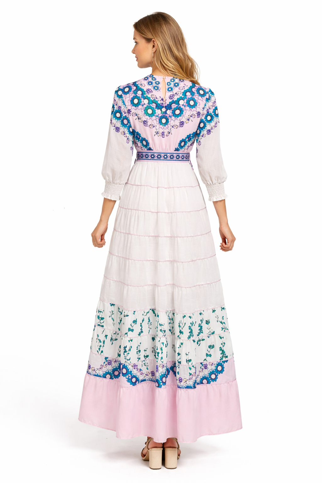 floral tiered maxi dress with embroidered bodice and waist belt – LAVINIA