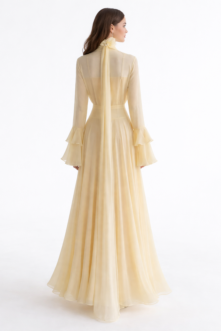 long sleeve chiffon maxi dress with layered flared cuffs and floral shoulder detail – AHMEDO