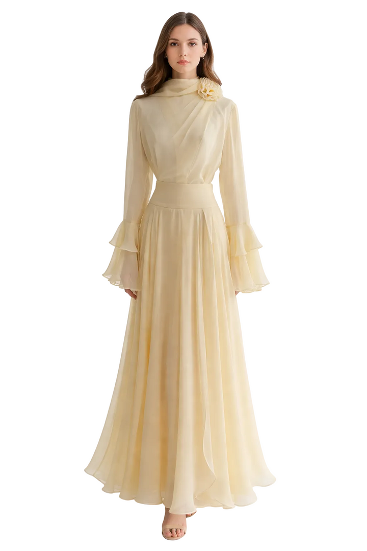 long sleeve chiffon maxi dress with layered flared cuffs and floral shoulder detail – AHMEDO