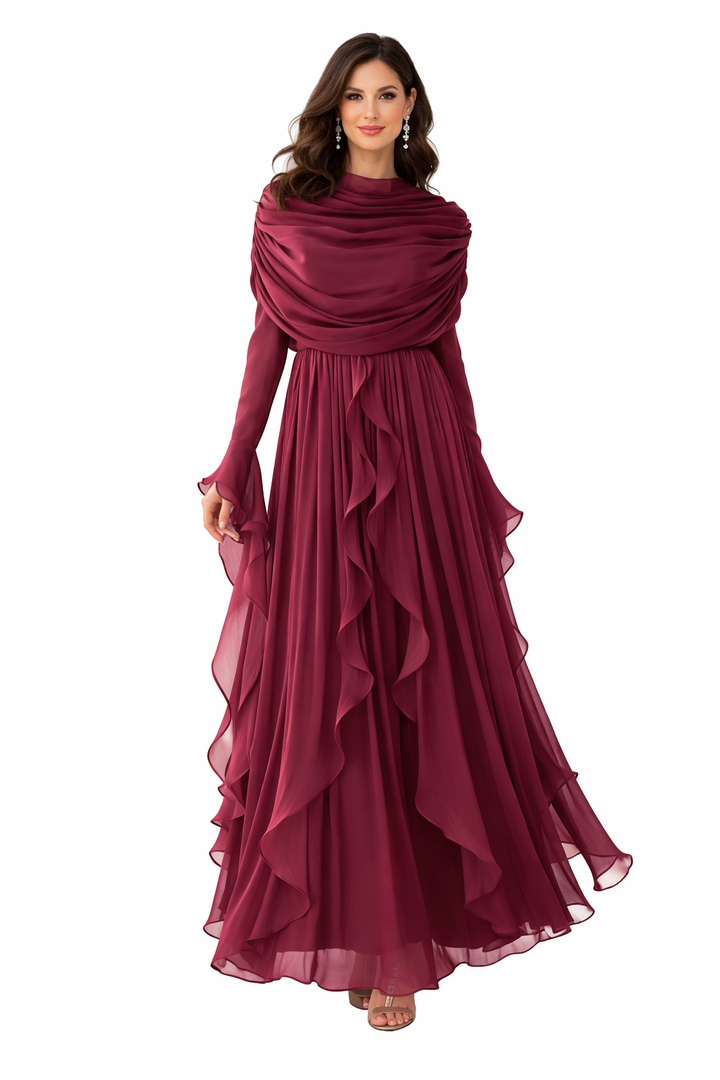 draped chiffon ruffle maxi dress with matching shawl – REMA