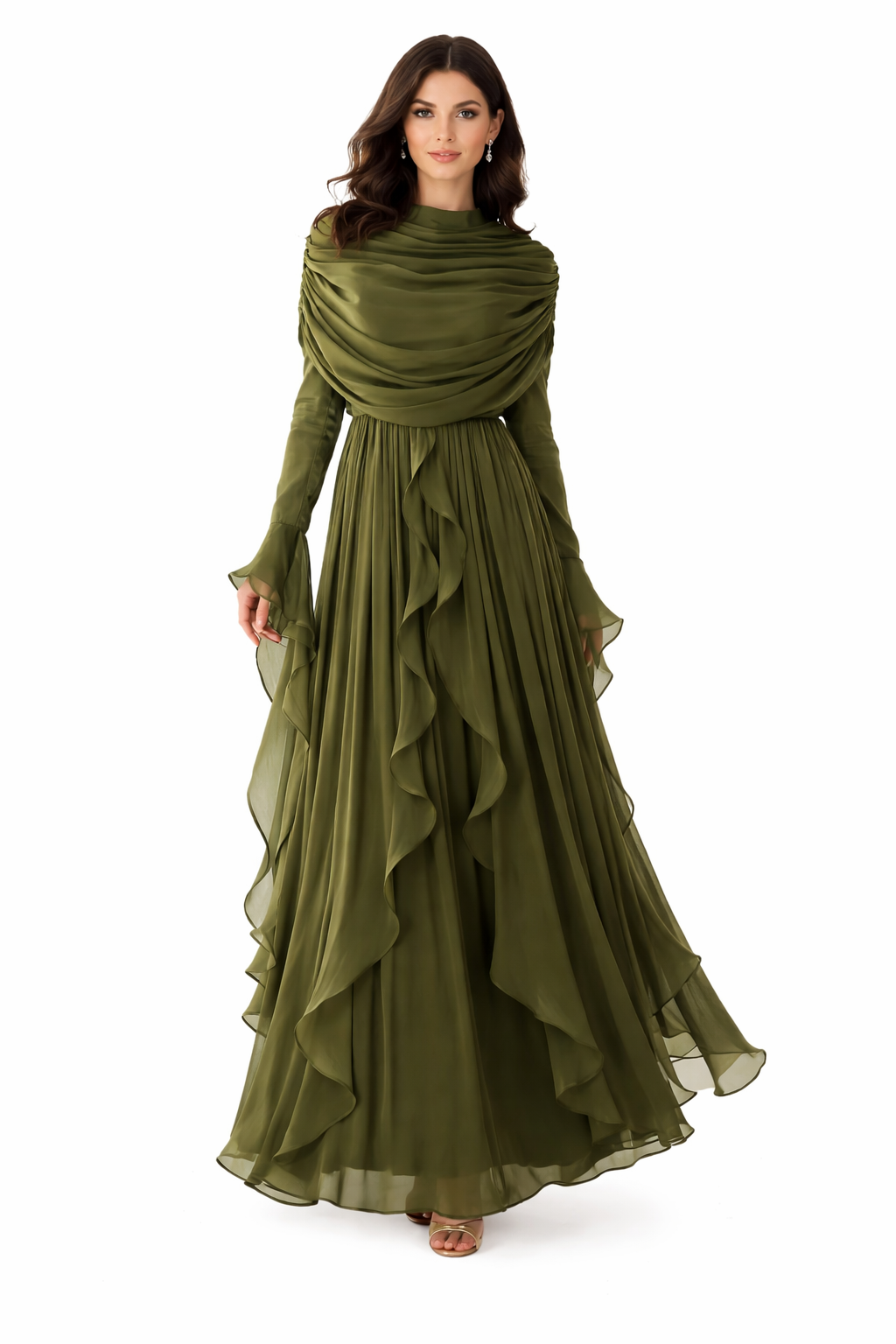 draped chiffon ruffle maxi dress with matching shawl – REMA