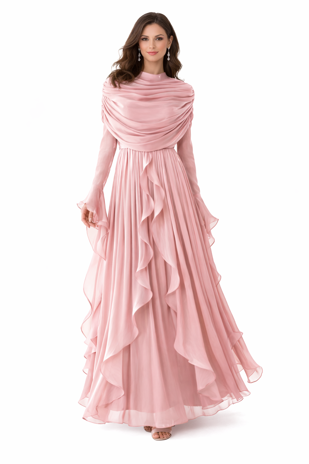 draped chiffon ruffle maxi dress with matching shawl – REMA