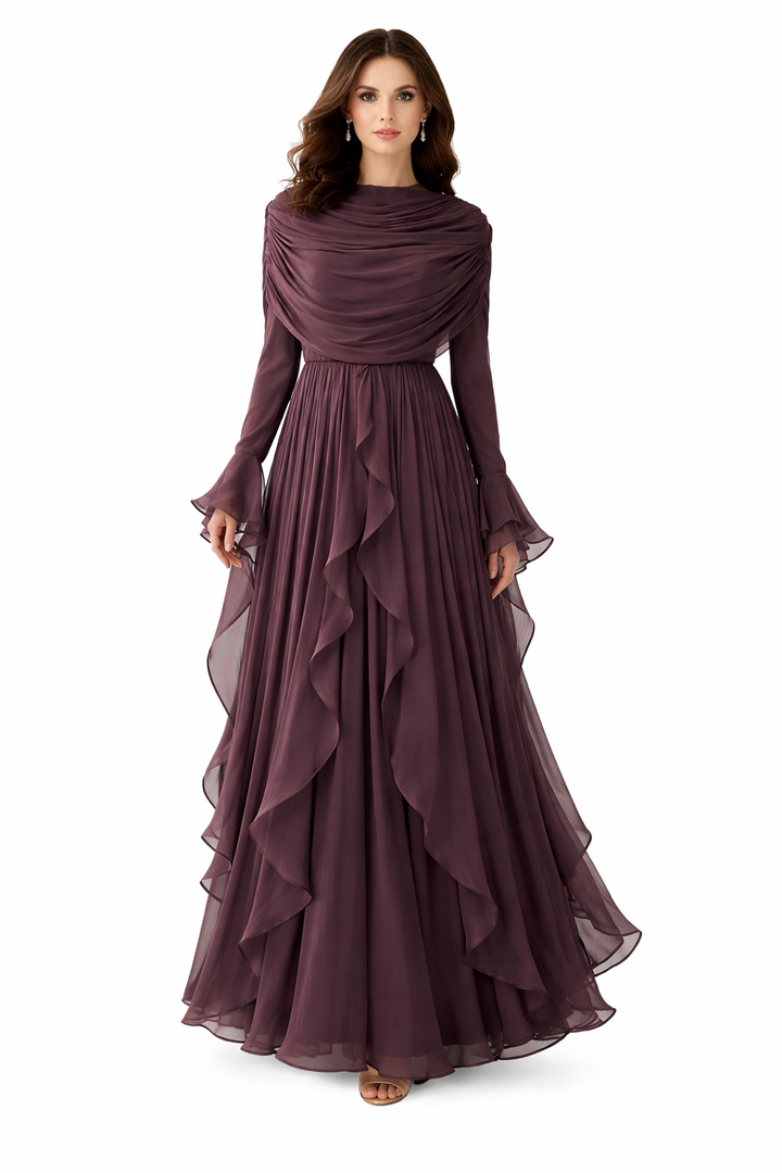 draped chiffon ruffle maxi dress with matching shawl – REMA