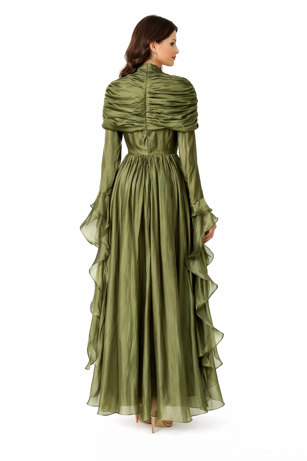 draped chiffon ruffle maxi dress with matching shawl – REMA