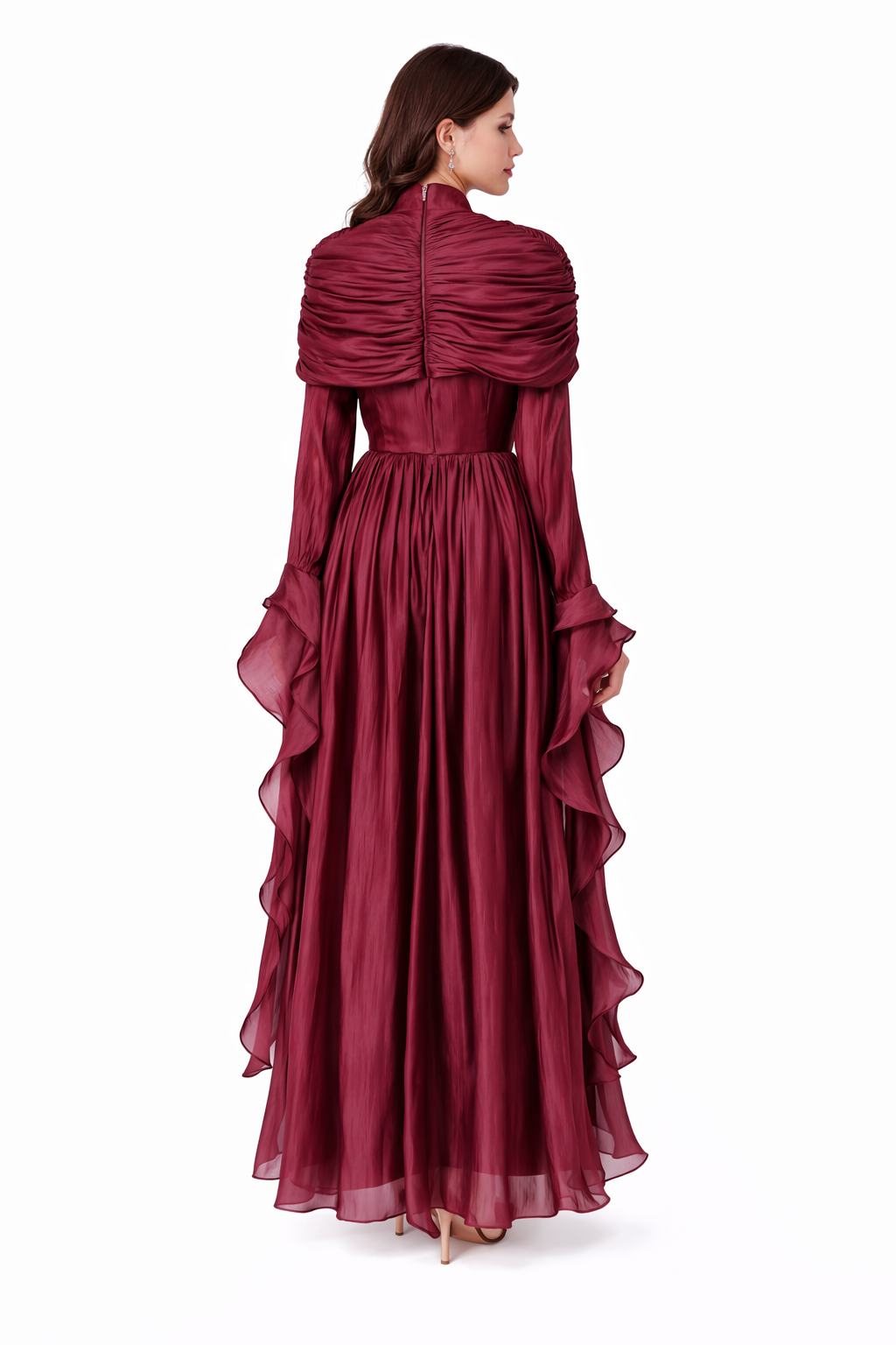 draped chiffon ruffle maxi dress with matching shawl – REMA