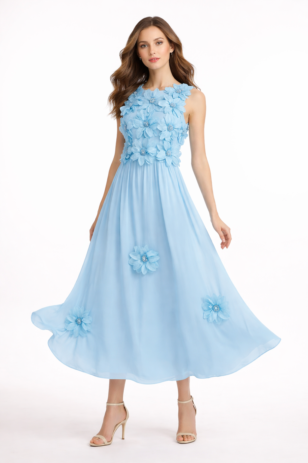 sleeveless 3D floral chiffon maxi dress – AZURE