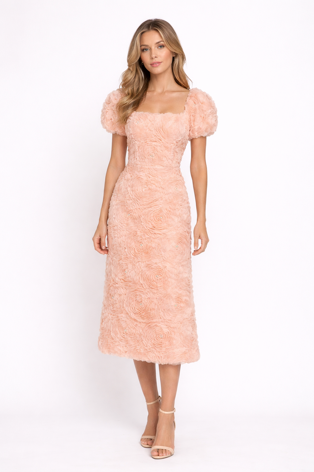 textured floral midi dress with puff sleeves – PEACH