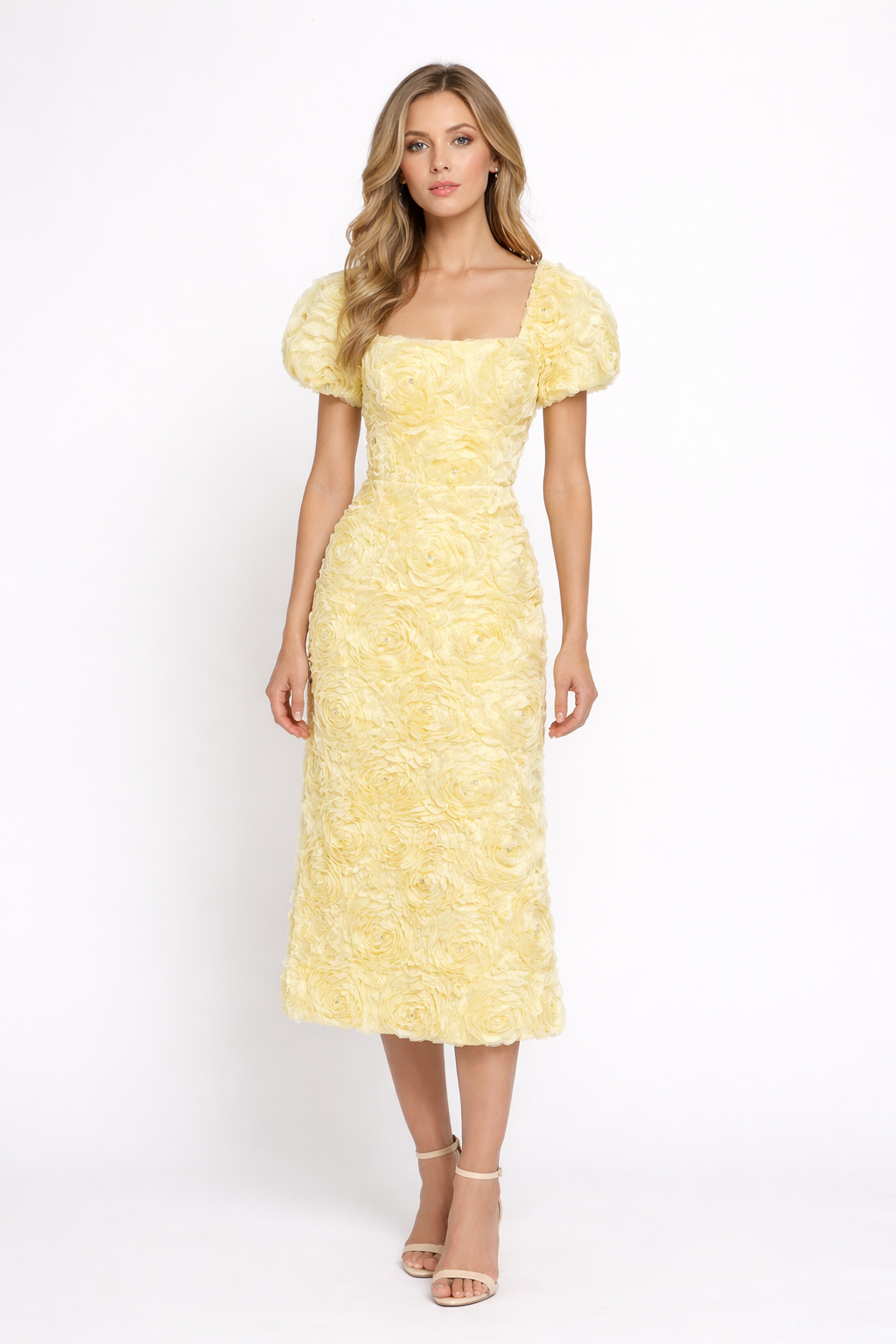textured floral midi dress with puff sleeves – PEACH