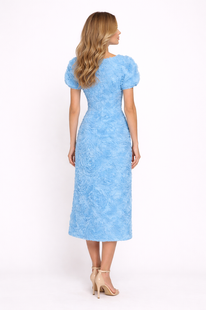 textured floral midi dress with puff sleeves – PEACH