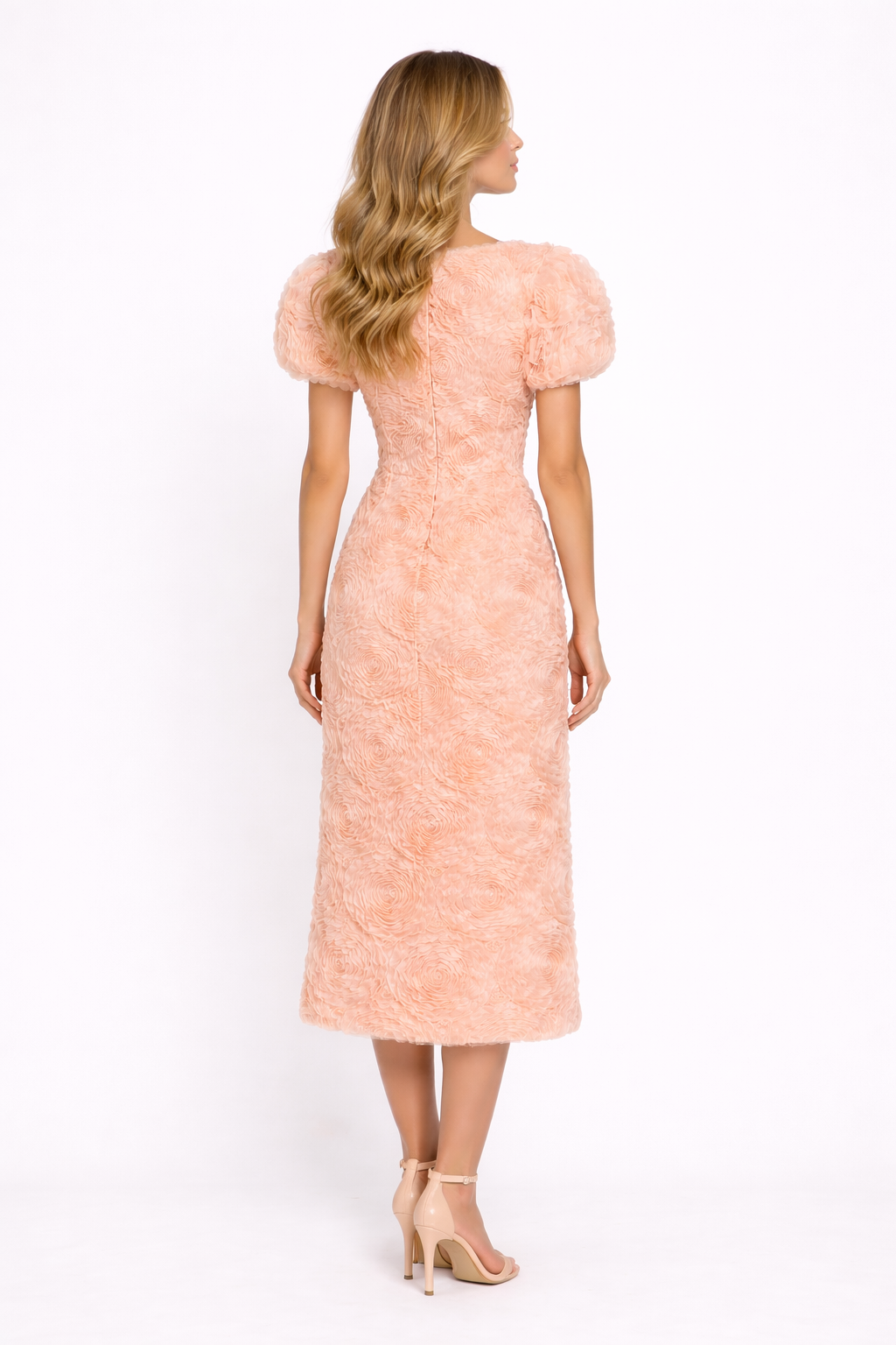 textured floral midi dress with puff sleeves – PEACH