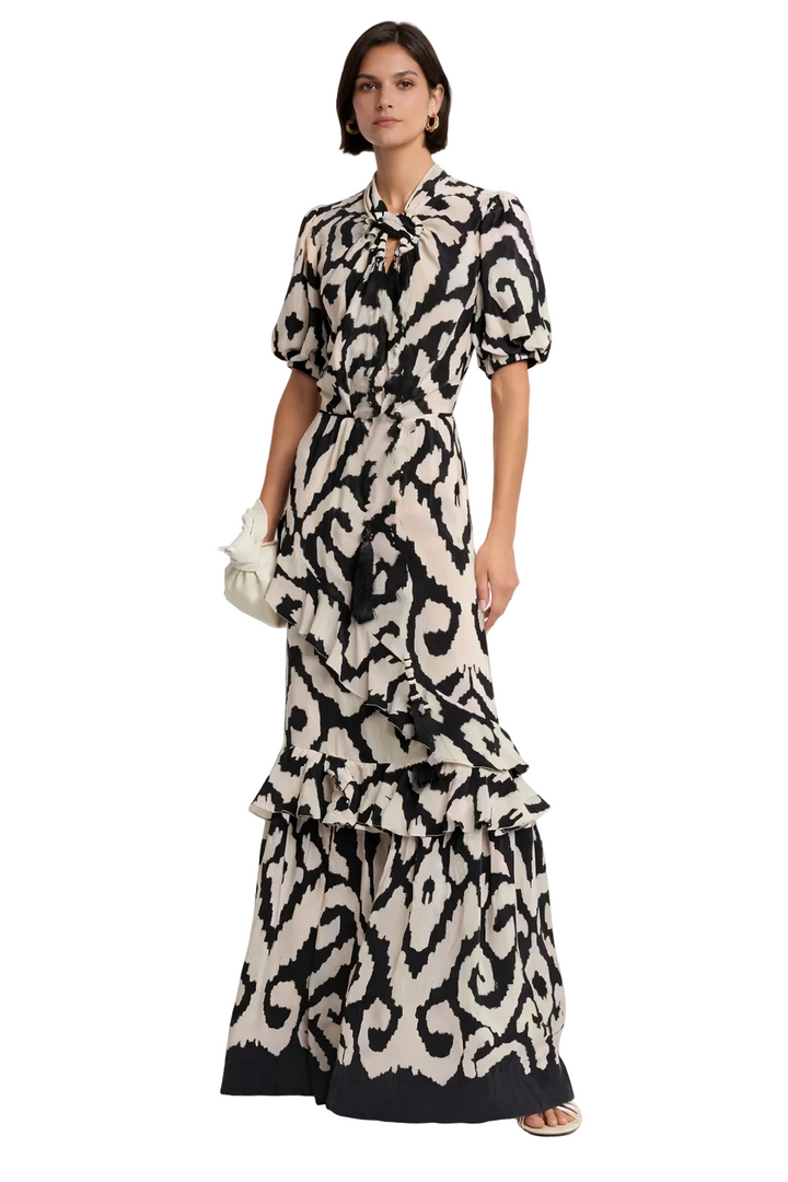 printed midi dress with layered ruffle hem – MONROE