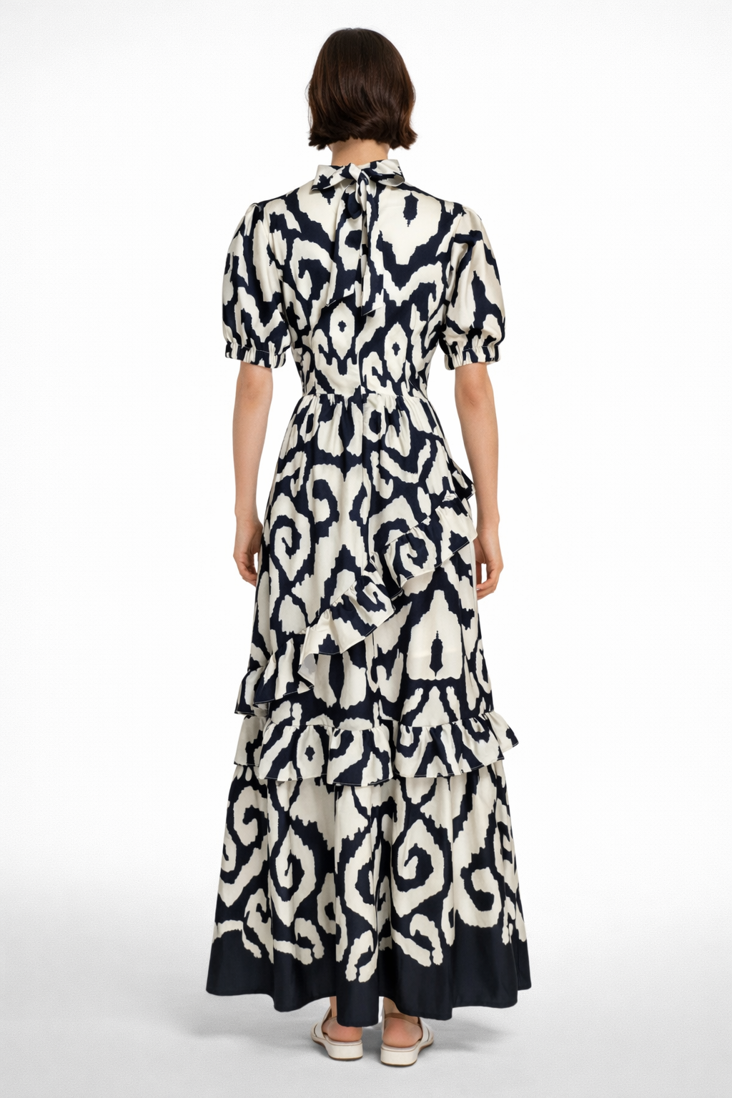 printed midi dress with layered ruffle hem – MONROE