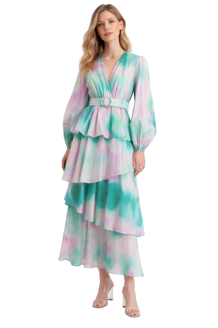 floral layered midi dress with puff sleeves and waist belt – ROSALIE