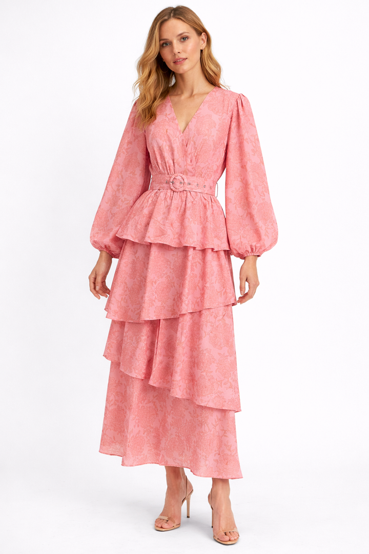 floral layered midi dress with puff sleeves and waist belt – ROSALIE