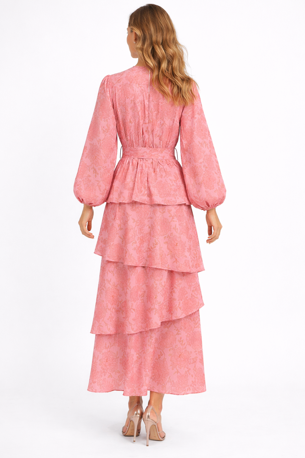 floral layered midi dress with puff sleeves and waist belt – ROSALIE