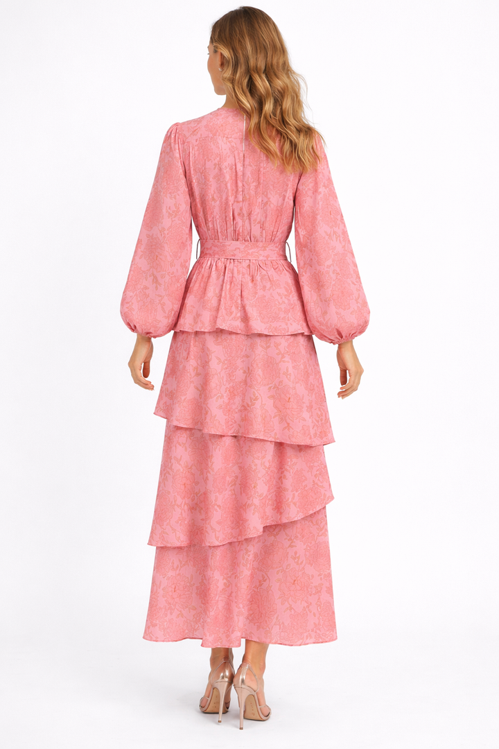floral layered midi dress with puff sleeves and waist belt – ROSALIE