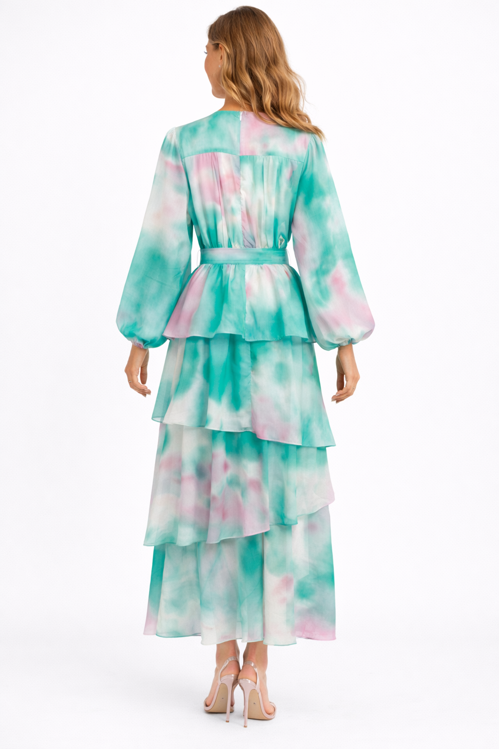 floral layered midi dress with puff sleeves and waist belt – ROSALIE