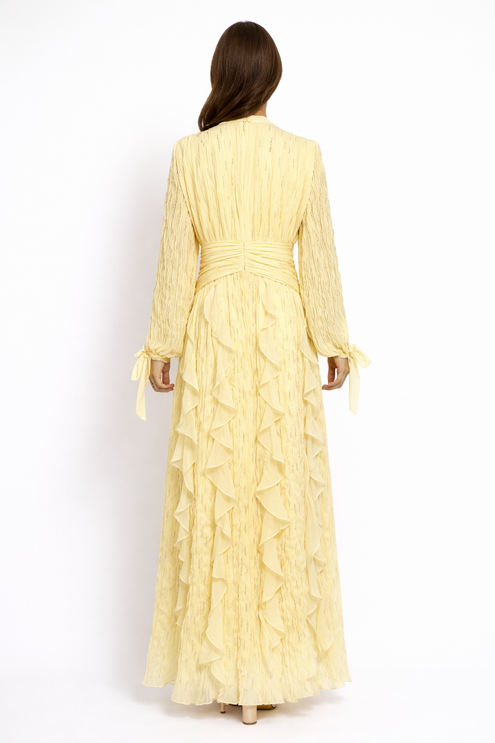 pleated chiffon ruffle maxi dress with ruched waist – RAYA
