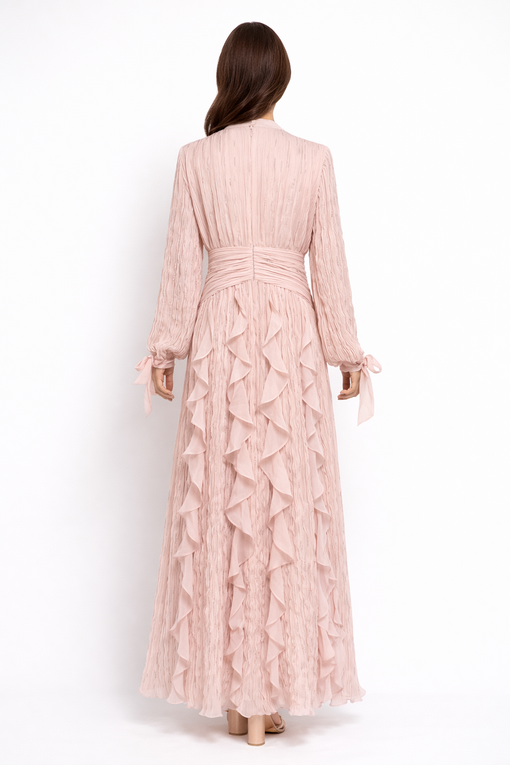 pleated chiffon ruffle maxi dress with ruched waist – RAYA