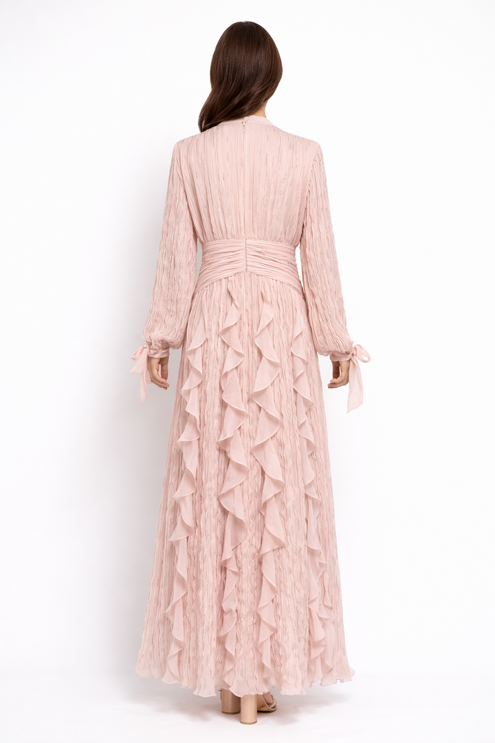 pleated chiffon ruffle maxi dress with ruched waist – RAYA