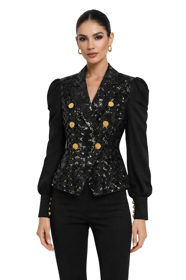 Sequined double-breasted blazer with puff sleeves and gold buttons – GOLD