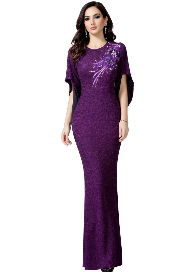 Embellished Cape-Sleeve Evening Gown – VIOLET
