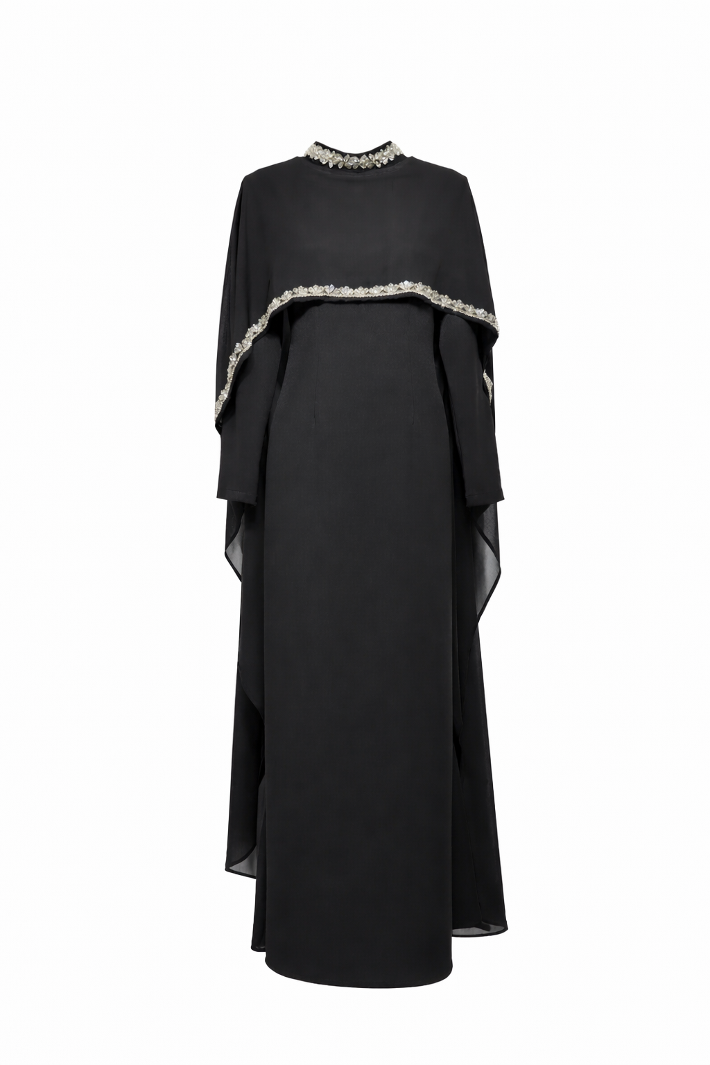 Layered cape maxi dress with embellished trim – NOIR