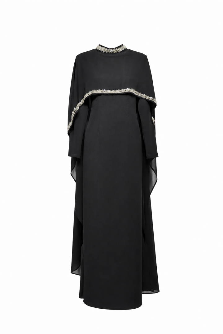 Layered cape maxi dress with embellished trim – NOIR
