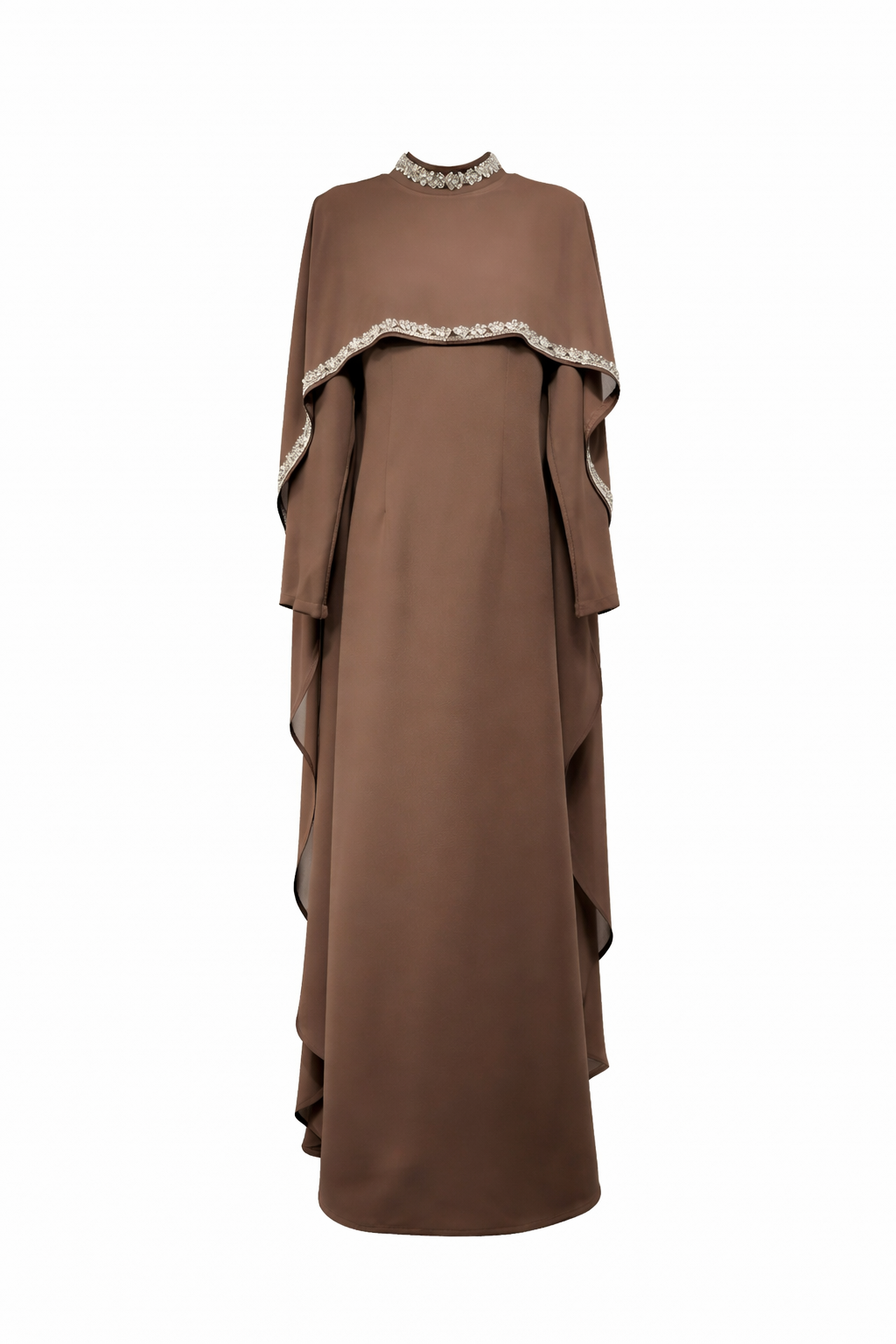 Layered cape maxi dress with embellished trim – NOIR