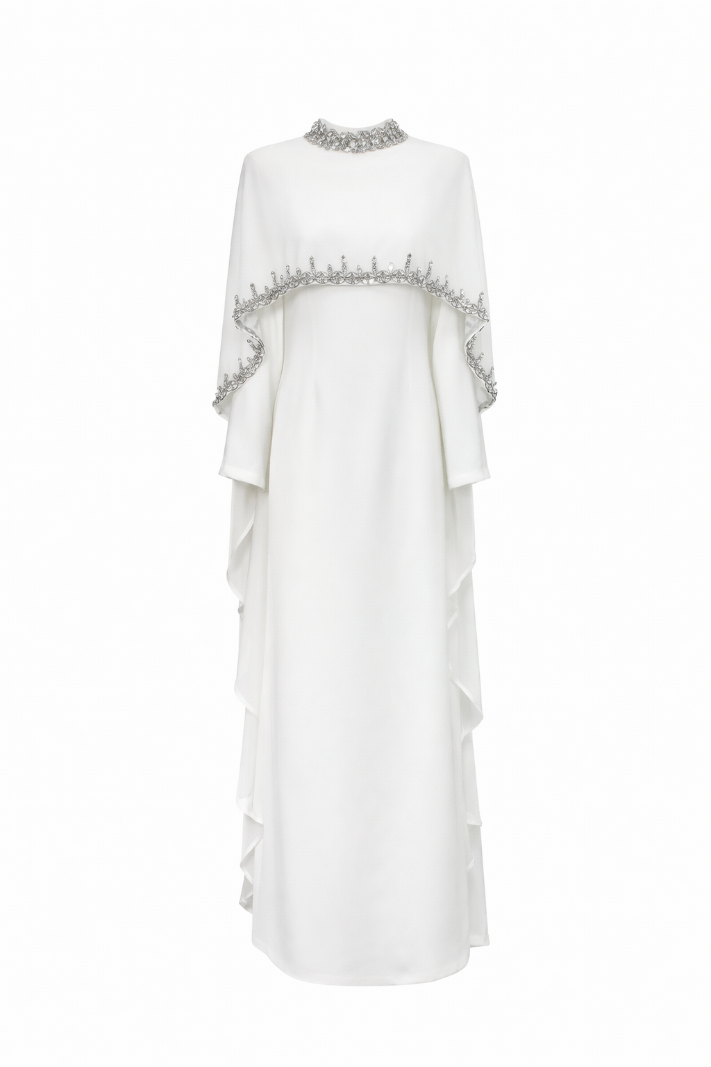 Layered cape maxi dress with embellished trim – NOIR