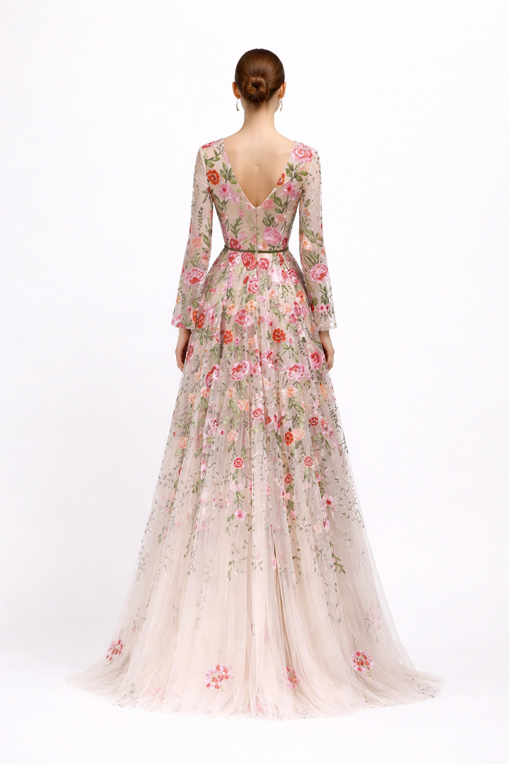 long sleeve floral embroidered tulle maxi dress – BLOSSOM