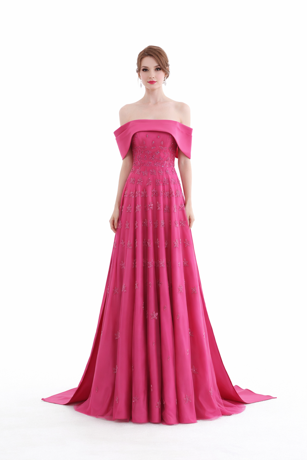 off-shoulder embroidered chiffon gown with cape train – OLIVIA